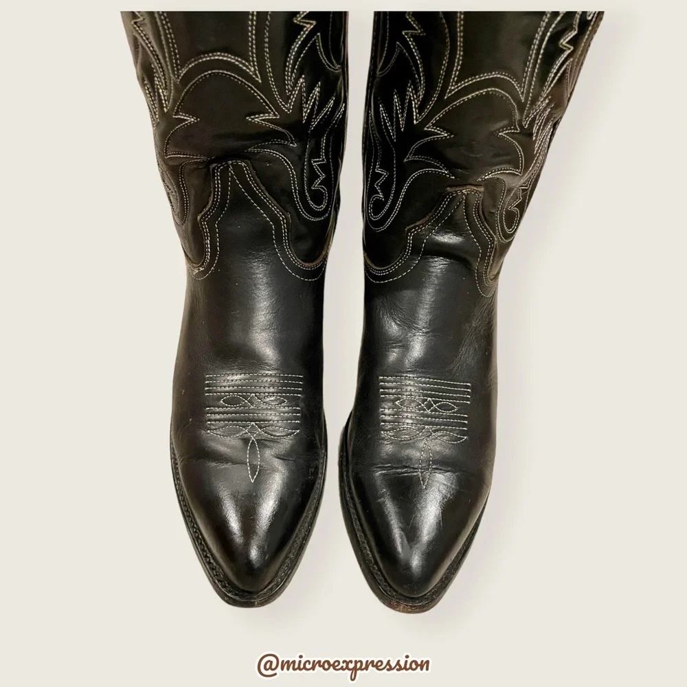 VINTAGE 1990 Frye Black Red Contrast Leather Embroidery Stitch Tall Cowboy Boot